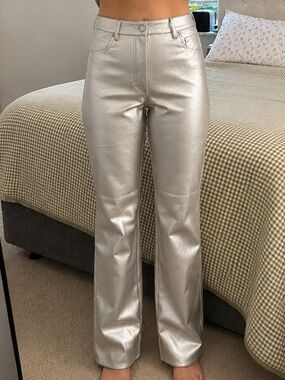 H&M Metallic Silver High-Rise Straight Leg Pants